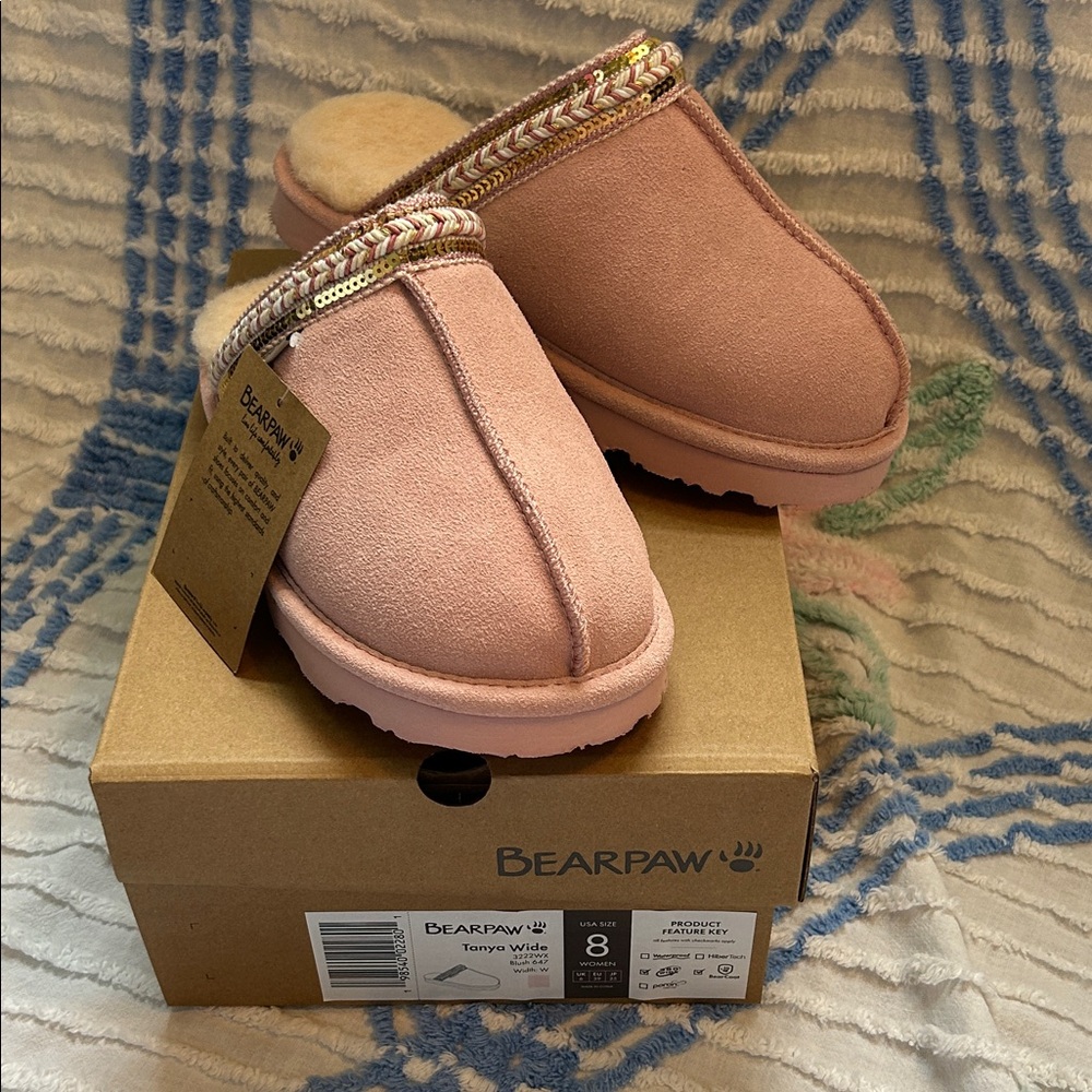BearPaw -Tanya-Women’s Pink Suede Clog Slippers with Sequin Braid 8 Wide NWT